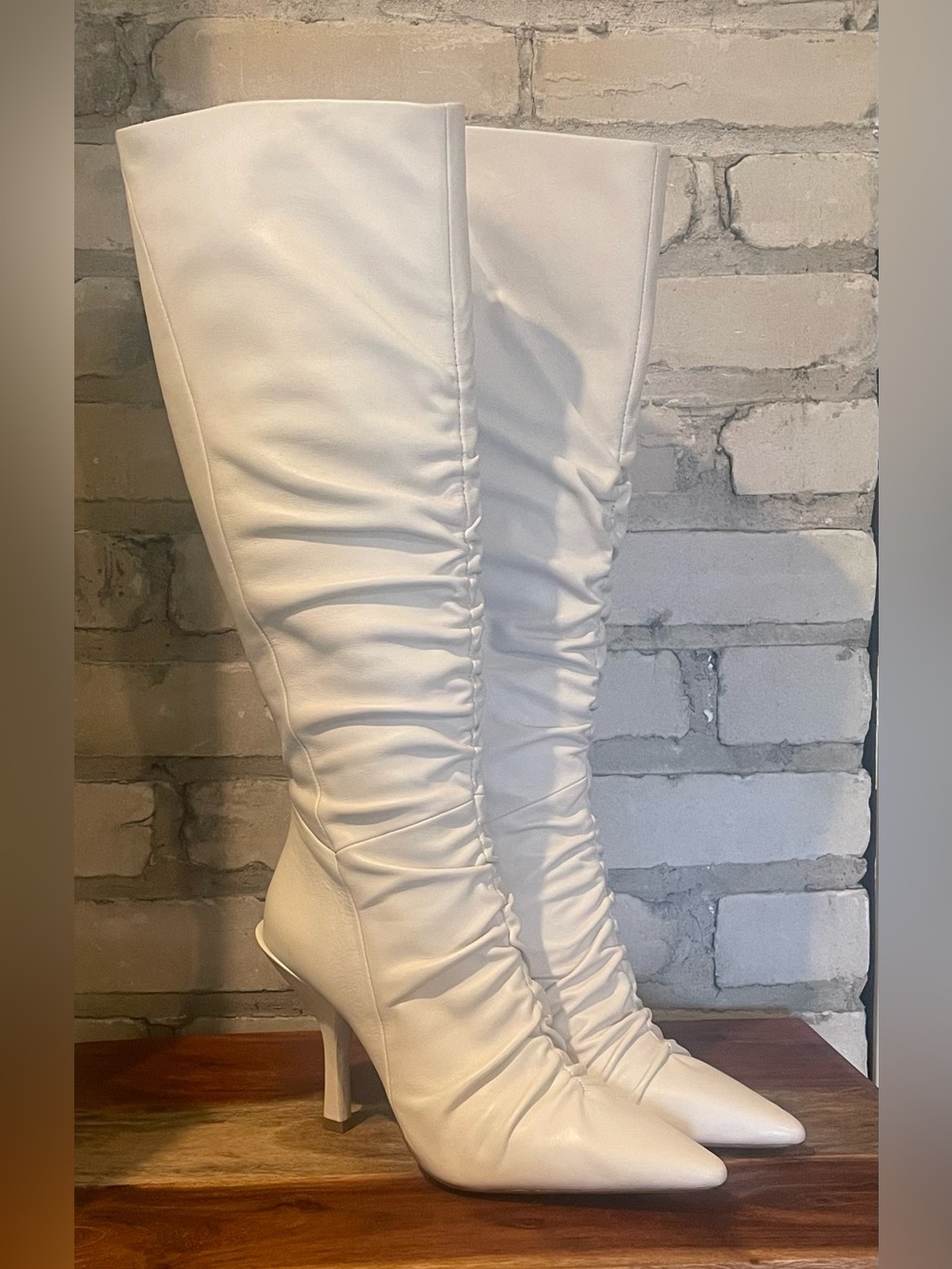 Louise et Cie Leather Winter White Ruched Knee-High Pointed-Toe High Heel  Boots
